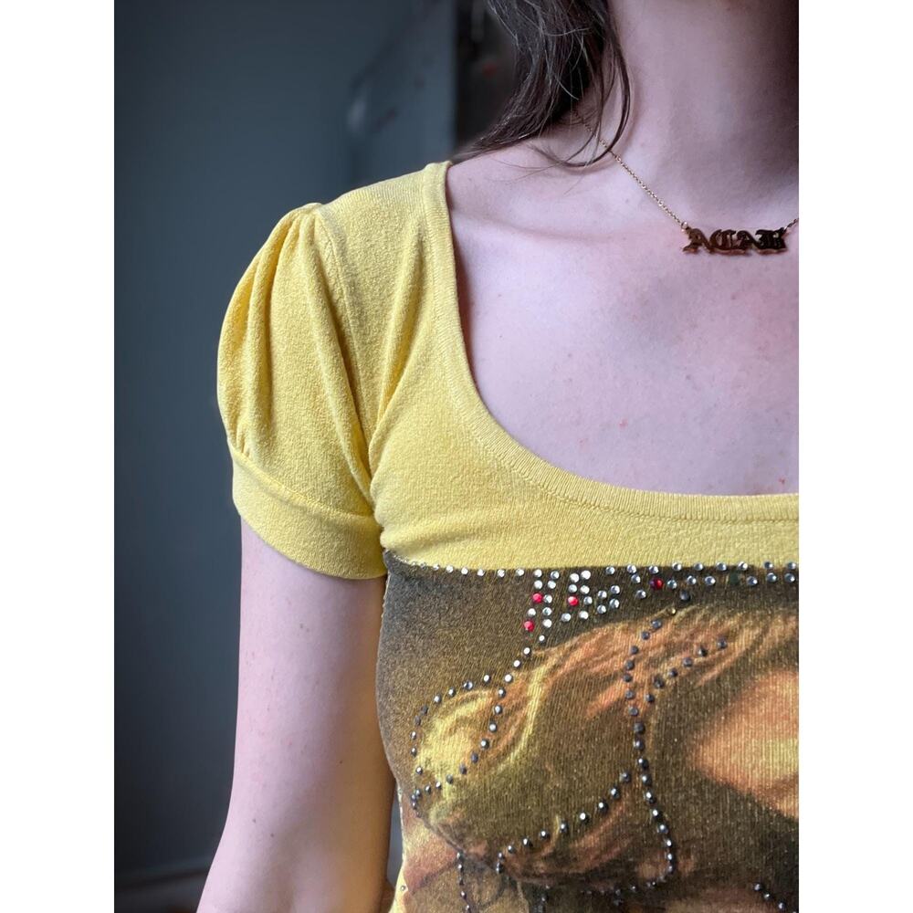 Vintage Y2K Rhinestone Baby Tee | Yellow Knit Cutout Back Puff Sleeve | XS - Picture 4 of 9